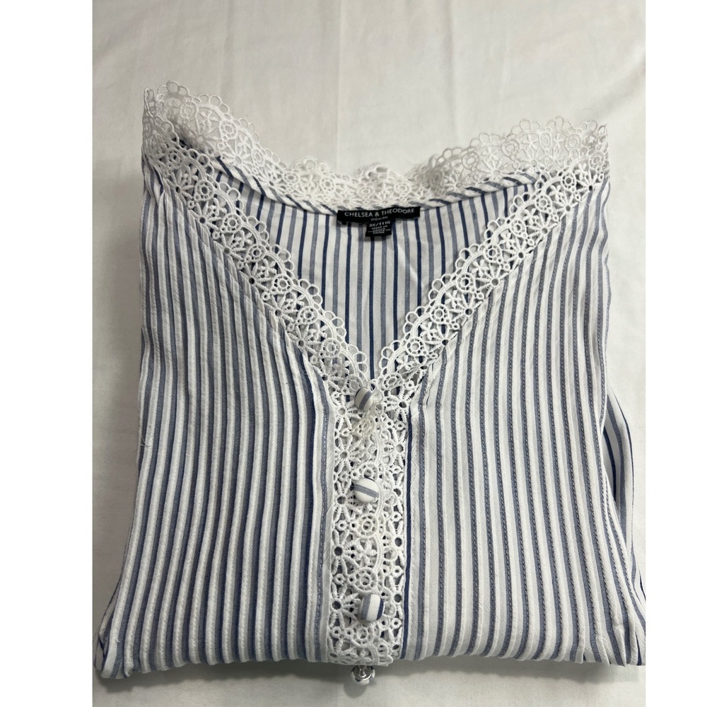 Chelsea & Theodore Blouse Women 3X Blue Striped Lace Trim Boho Peplum Top F10 - Picture 12 of 12